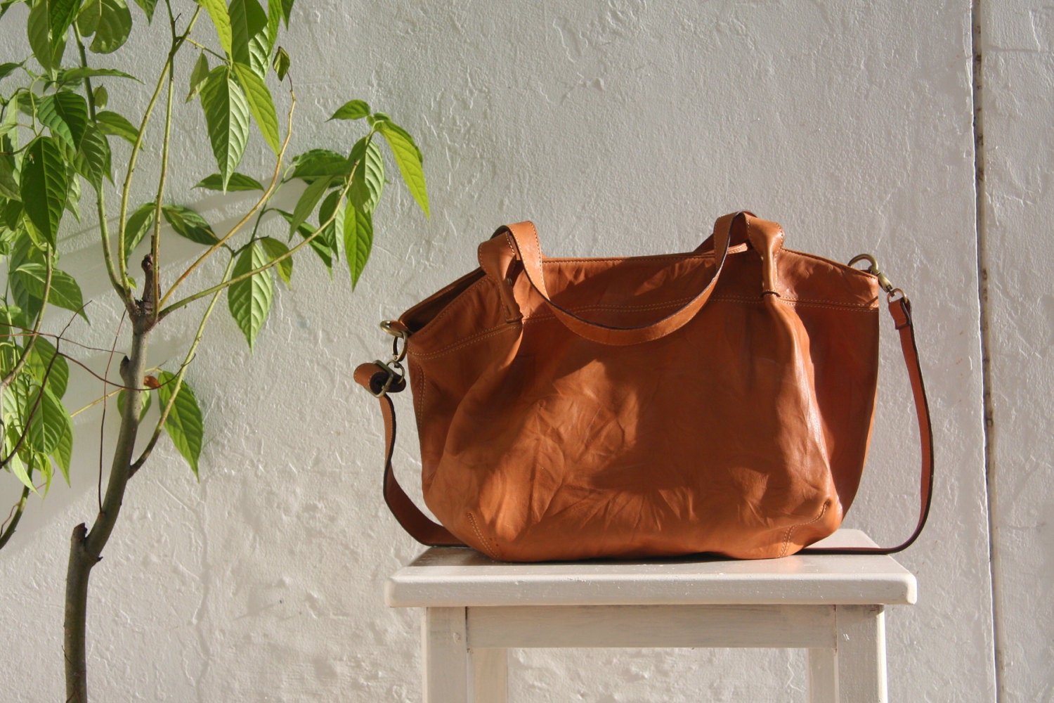 Slouchy Leather Satchel Bag in Tan
