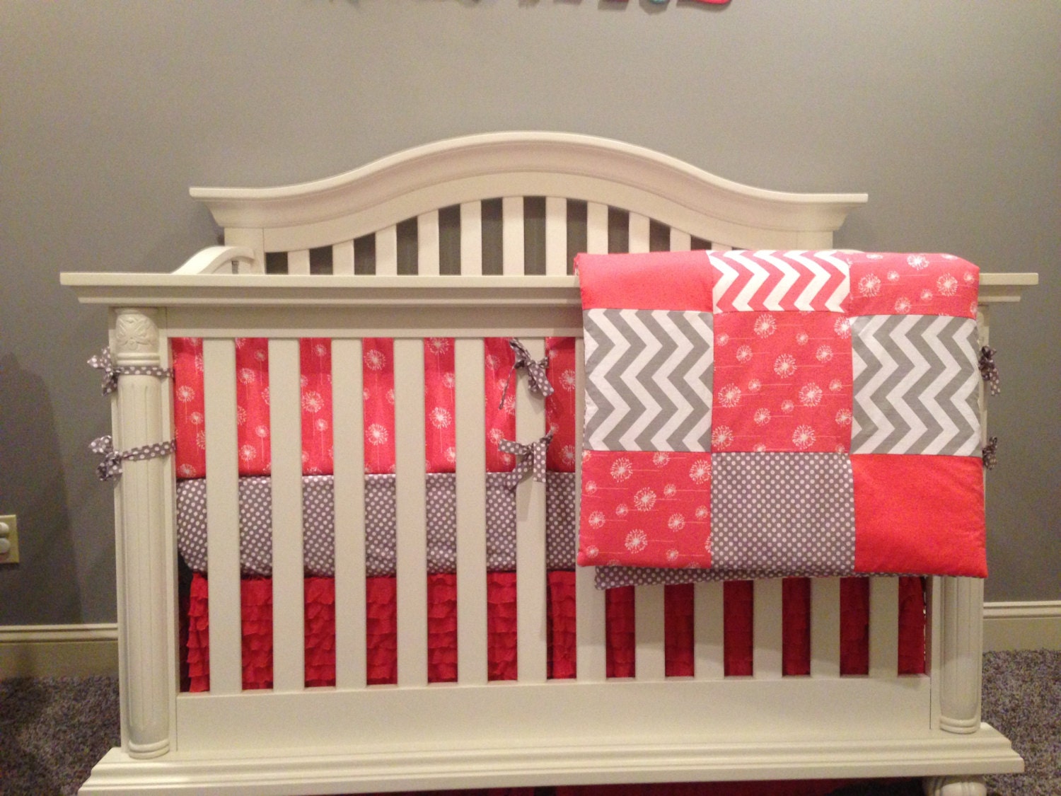 Custom Three Piece Crib Bedding -Crib bumper,  Ruffle fabric crib skirt and blanket