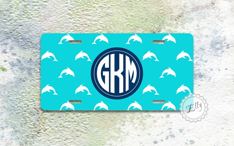 Aqua blue license plate monogram car tag with dolphins nautical personalized gift