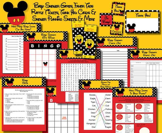Buy electronic games supplies - INSTANT DOWNLOAD Mickey Mouse Boy Neutral Baby Shower Printable Supplies VALUE Game Pack Favor Tags Raffle Tickets Thank You Cards