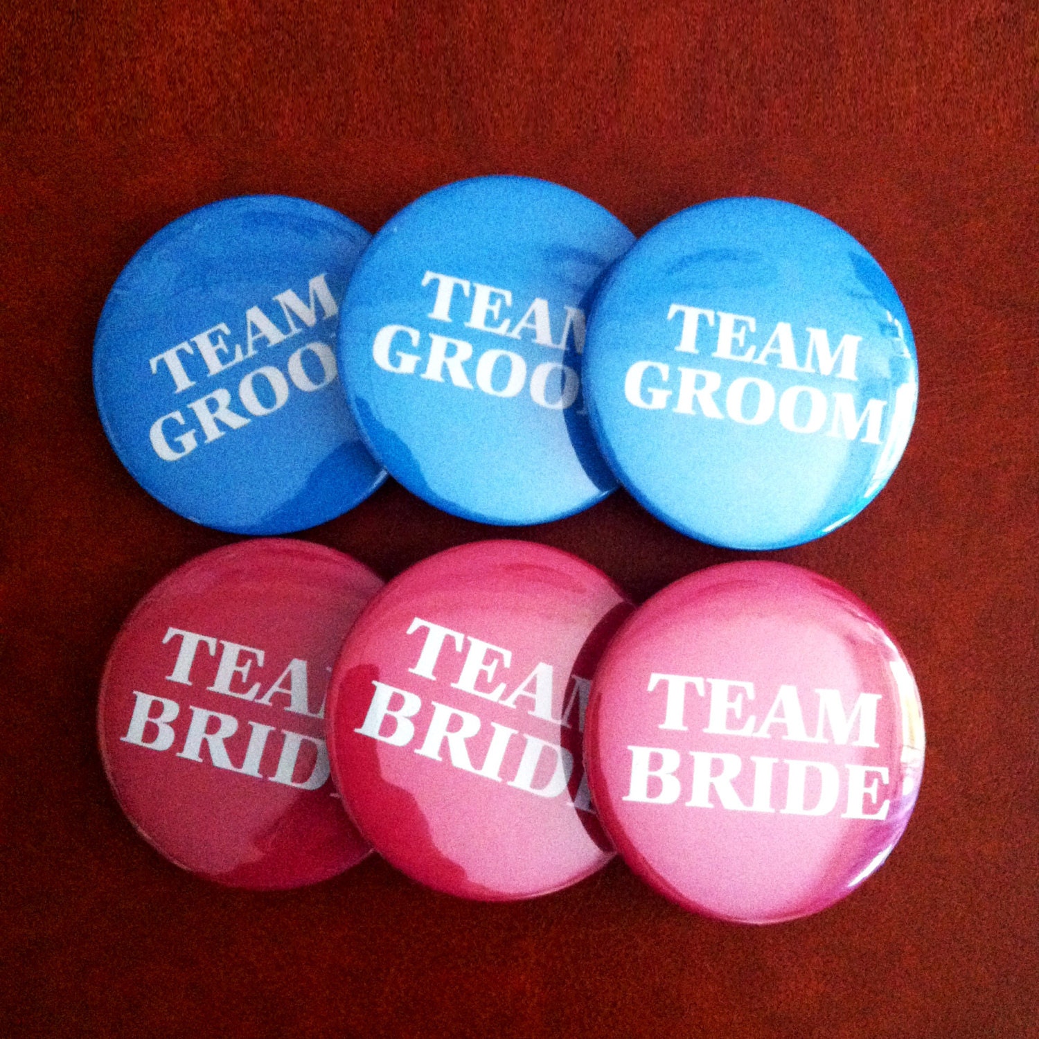 Team Bride & Team Groom (Pink and Blue) set of 6 - ( 1.75" Badge / Pin back Buttons ) (Weddings)