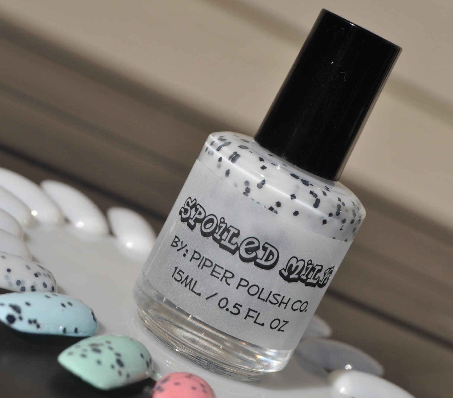 Milky White Polish w/ Matte Black Glitter - "Spoiled Milk" by Piper Polish - 15 ml Full Size