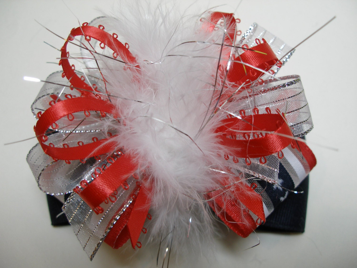 Over the TOP Hair Bow Patriotic Red Navy Blue Stars Stripes Princess Marabou Boutique Toddler to Big Girl Handmade