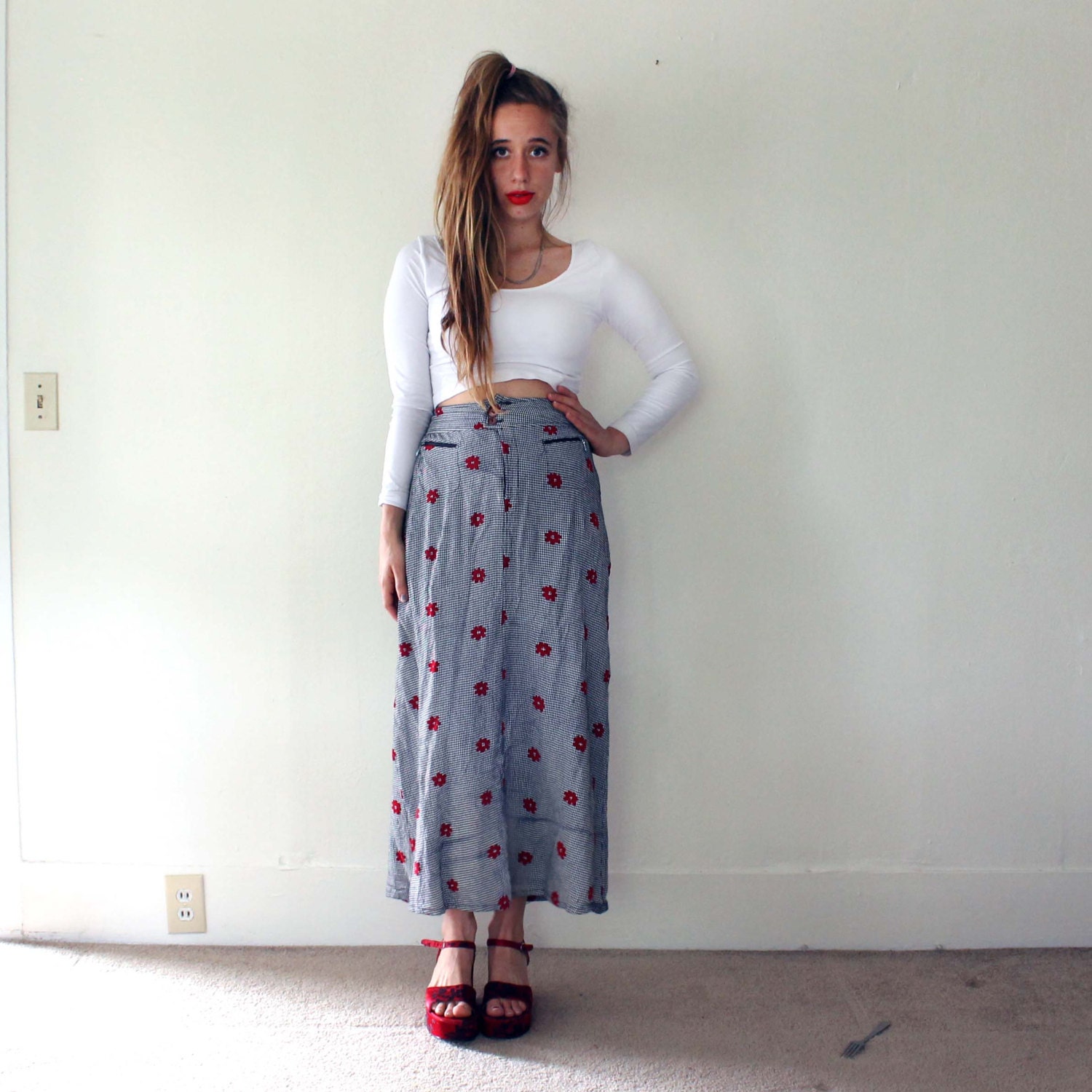 90s Daisy Ginham Zipper Pocket Skirt Long // 1990s // Vintage // Goth