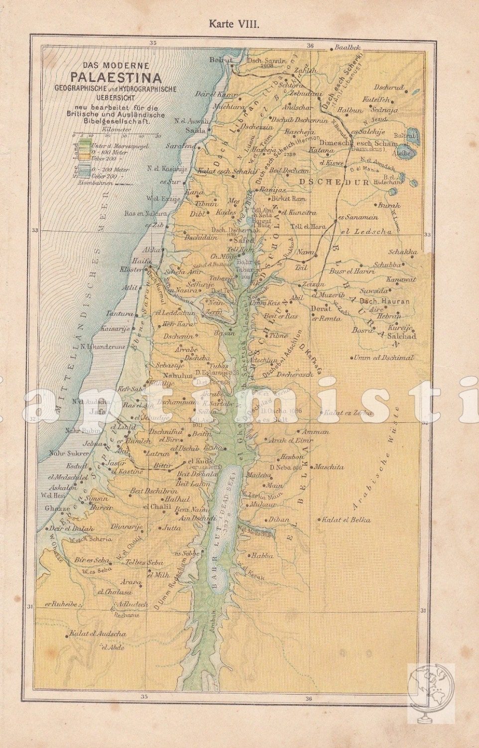 Antique Map of Palestine in the 19th Century printed in 1899