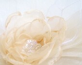 Bridal Sash Headband Headpiece Ivory and White Organza Flower with Sparkling Sequin Centre and Bridal White Tulle Wedding OOAK
