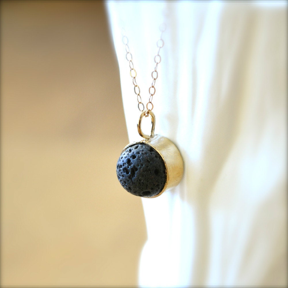 Black Lava Bead Pendant Gold Necklace