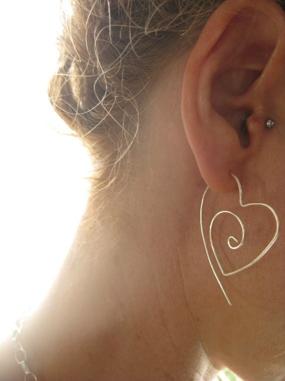 Sterling Silver Tribal Heart Hoop Earrings,  Earthy Organic Hoops, engagements, anniversary, Valentines Day