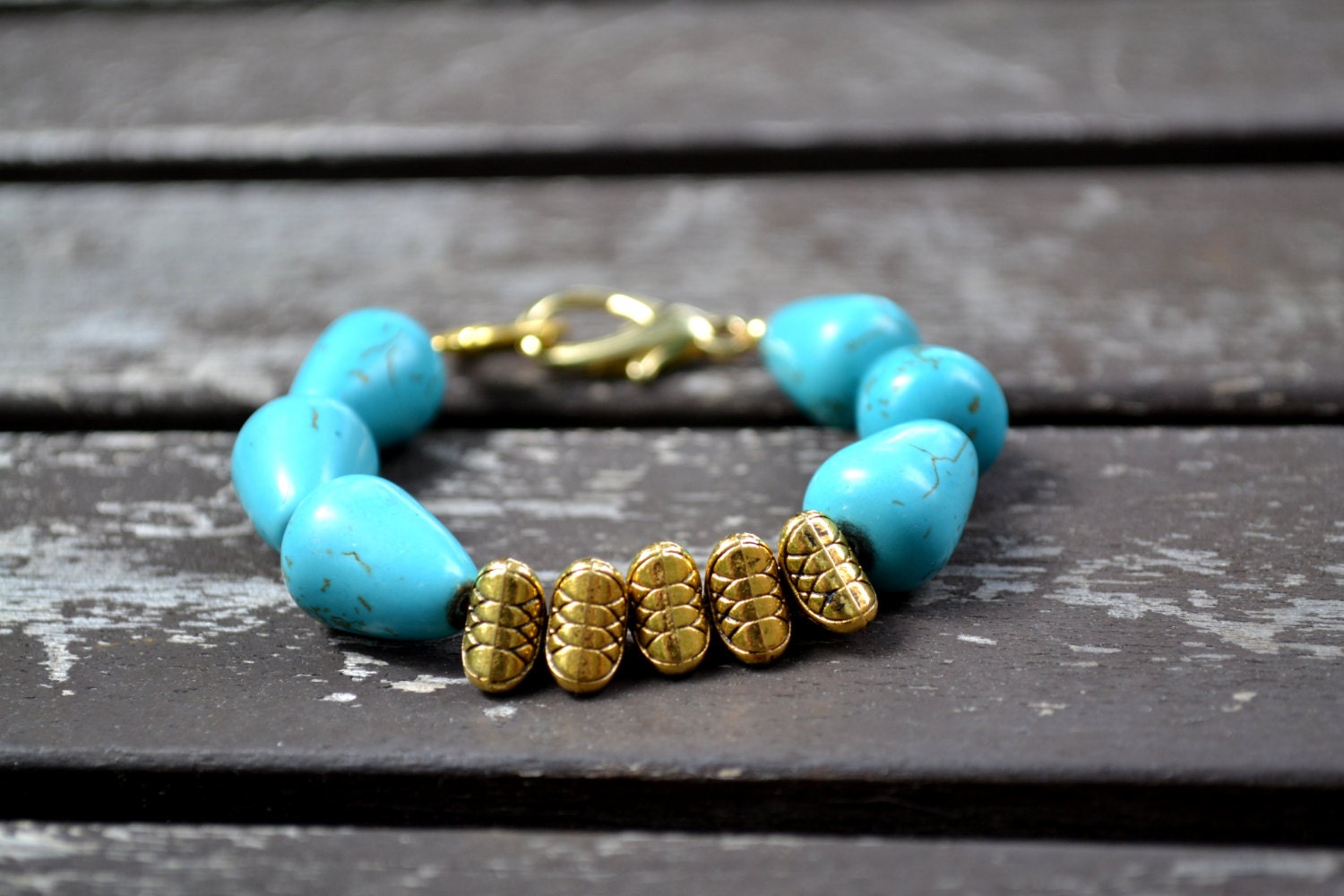 Chunky Turquoise Magnesite Stone Bracelet with Gold Geometric Beads - Stacking Arm Party Bracelet