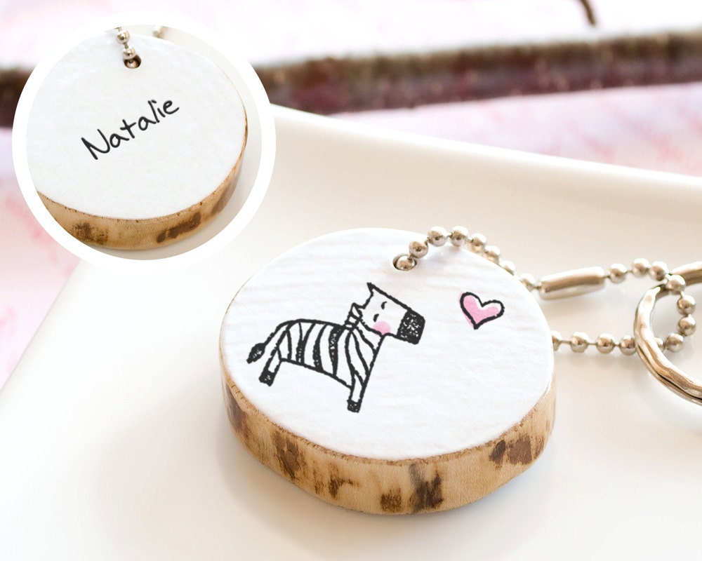 PERSONALIZED Keychain Zebra Gift for Animal Lover Monogram Name Initial ECO FRIENDLY Cute Drawing Girl Handmade Round Wooden Custom Keyring