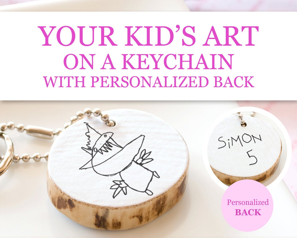 Mothers Day Gift Children Art Keychain Personalized Custom Kid Artwork Drawing Eco Friendly Wood Handmade Keepsake Gift for Grandparents Mom