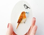 Hand- drawn Robin, bird brooch.