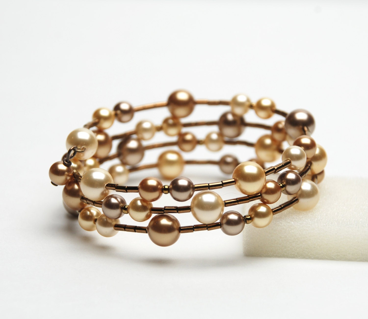 Large Wrist Memory Wire Bracelet - Gold Swarovski Pearl Bracelet - Plus Size Bracelet - Handmade Jewelry