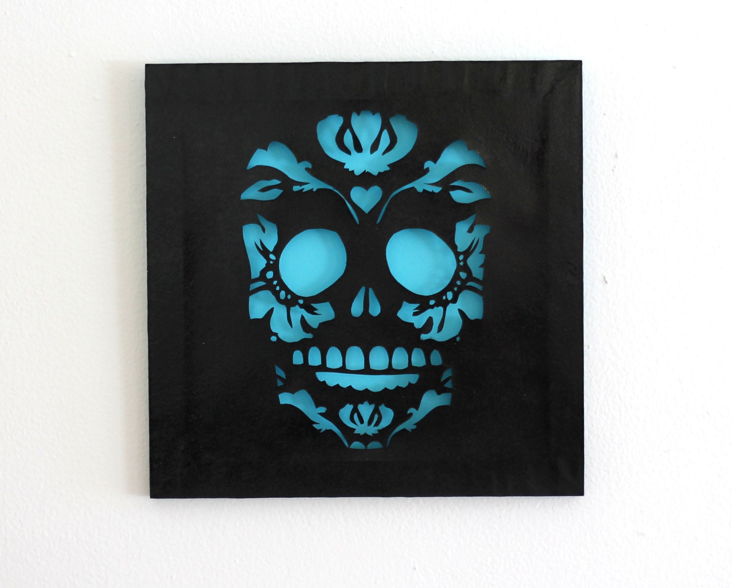 Day Of the Dead Sugar Skull Cut Paper Wall Art Black & Blue