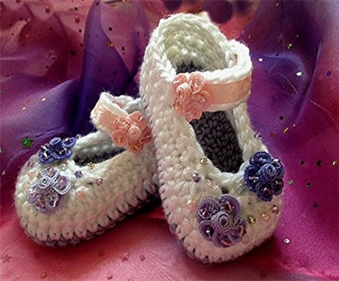 White, Lavender and Pink Beaded Booties