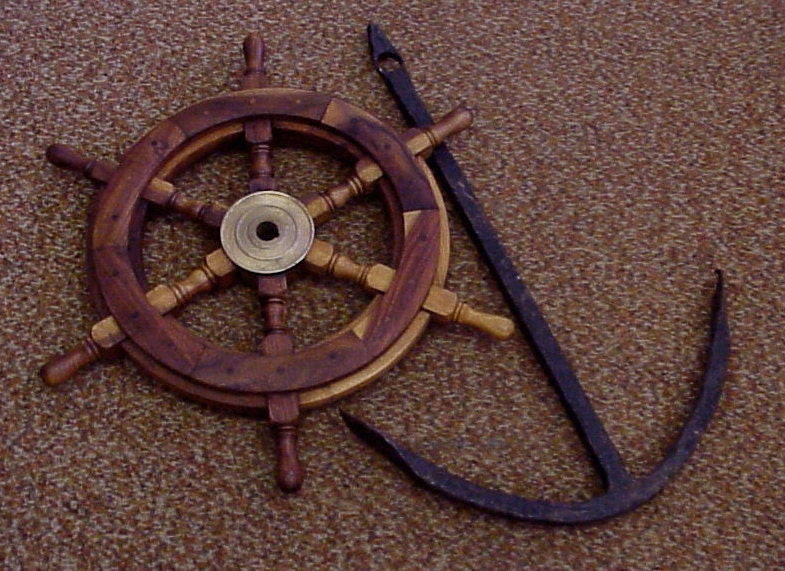 Vintage Teak Ship's Wheel 24" with brass center key