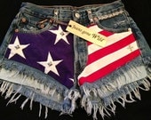 Levis 501 button fly High waist destroyed denim shorts super frayed with American flag and studs size X Small