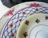 Mismatched china garden wedding centerpiece, vintage mixed pattern dinnerware, shabby chic floral place setting, set 106