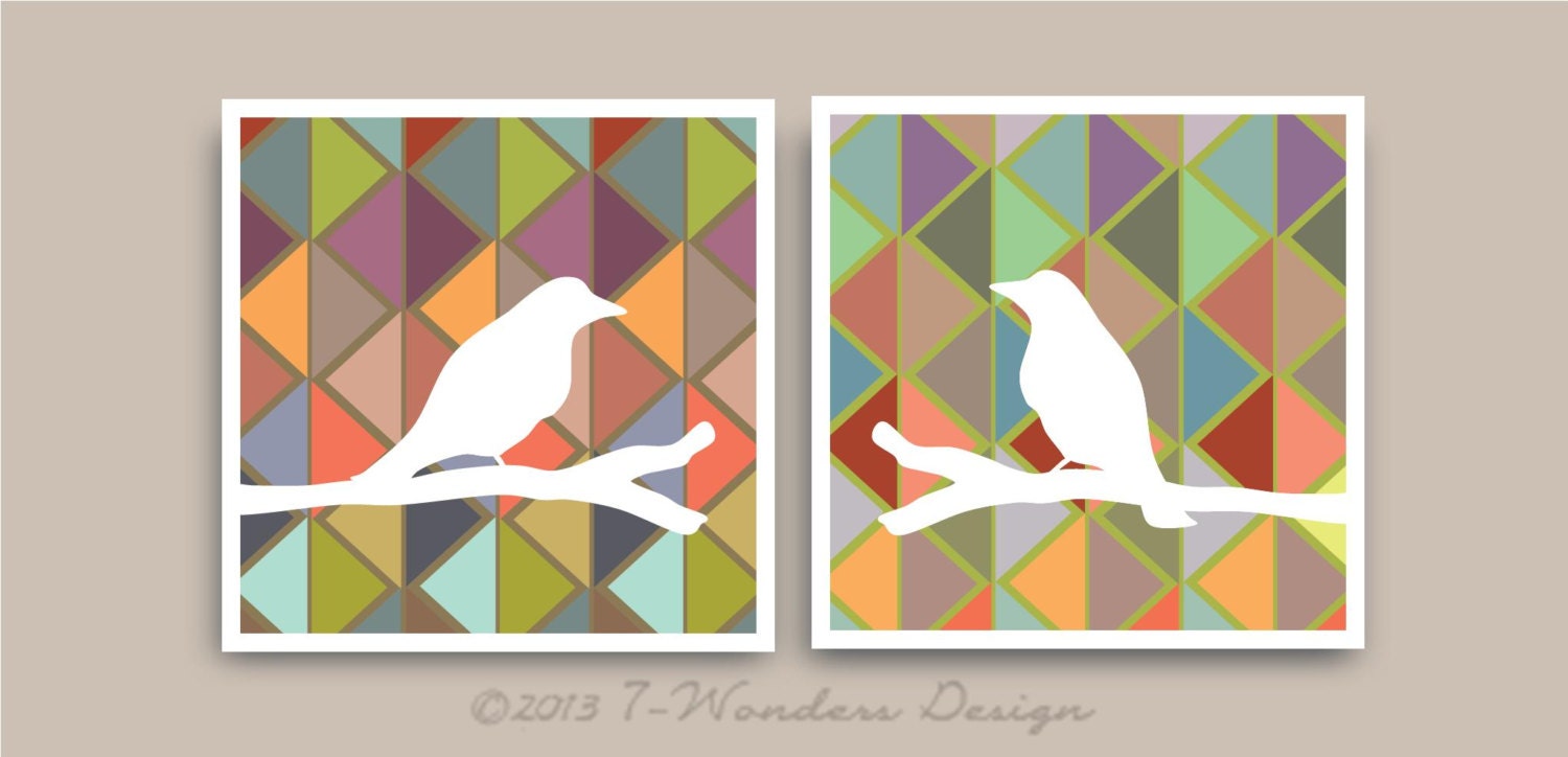 Geometric Art Modern Home Decor Wall Art Prints // Birds // Brown Aqua Lime Yellow Burnt Seafoam Multi SET of (2) 10" x 10'"