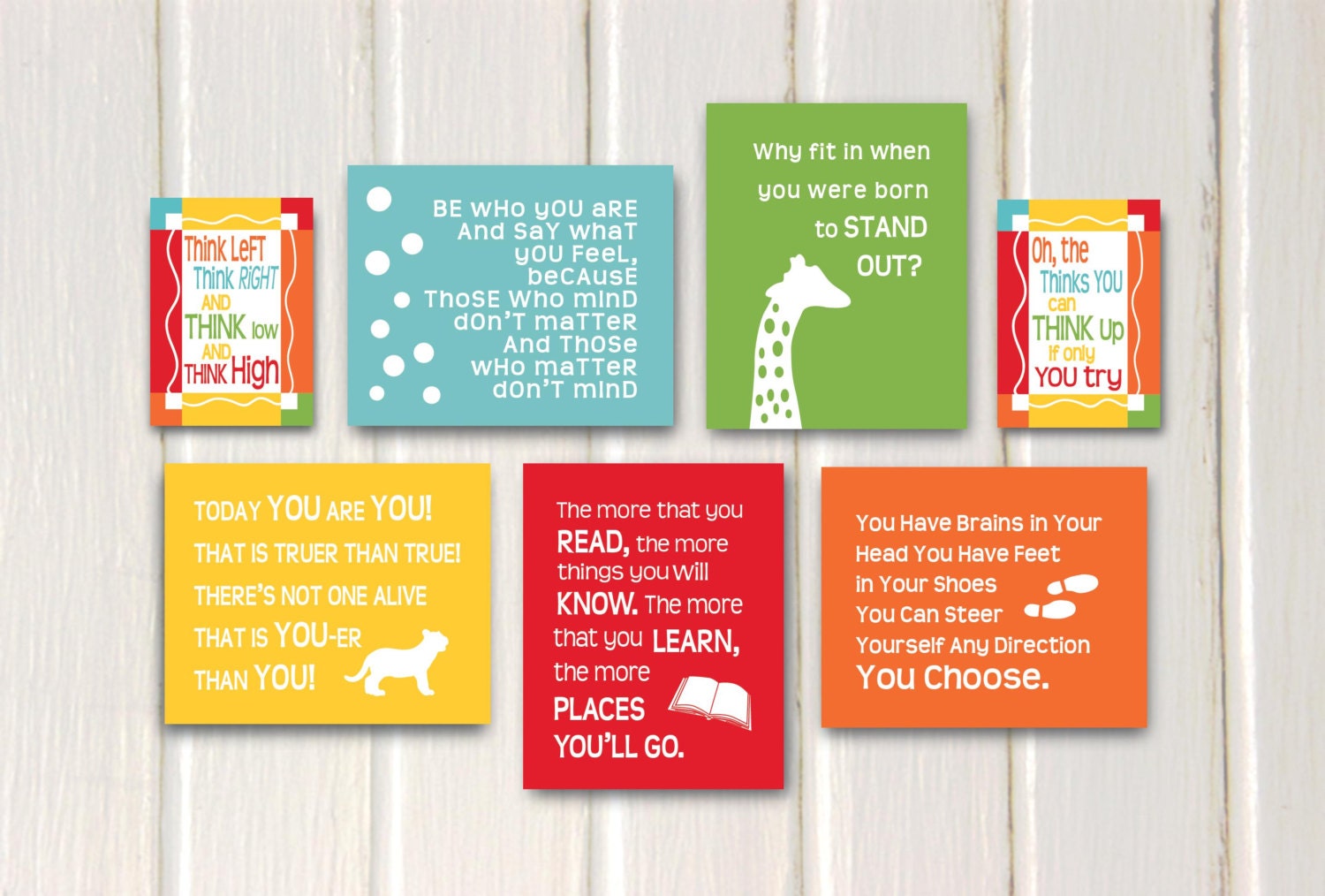 Dr Seuss Quotes Prints Kids Wall Art Set of (5) 8" x 10" and (2) 5" x 7" prints Blue Lime Yellow Orange Red -Nursery ON SALE