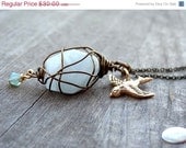 ON SALE Polished Bronze Sparrow Bird Charm with Wire Wrapped Light Blue Aquamarine Gemstone and Crystal Bead Pendant Handmade Necklace Bird