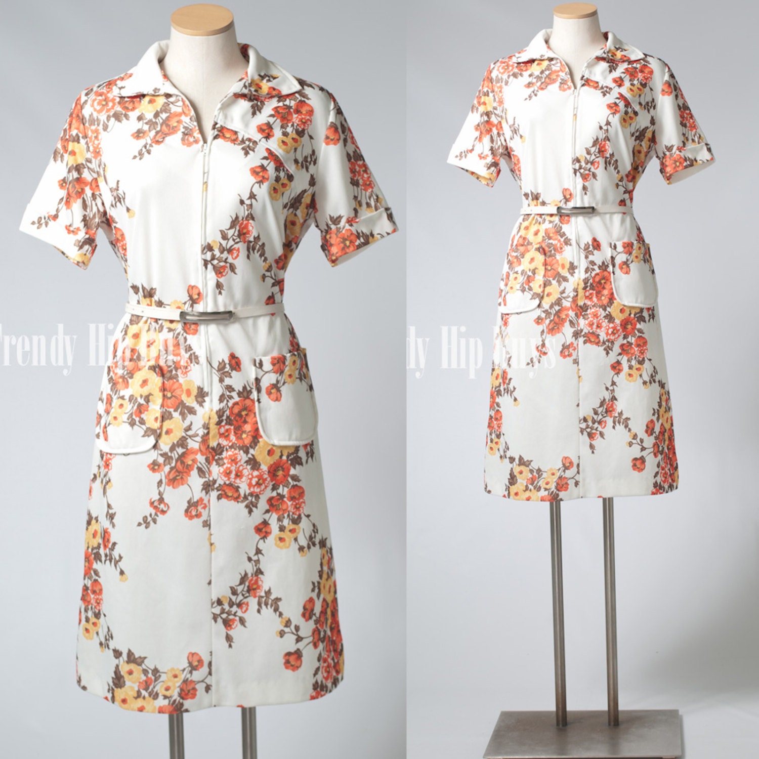 Vintage 60s Mad Men Mod White Orange Floral Summer House Dress - L/XL