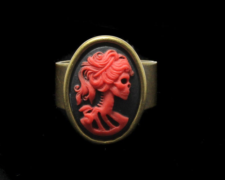 Red Victorian Cameo Skeleton Girl Adjustable Ring
