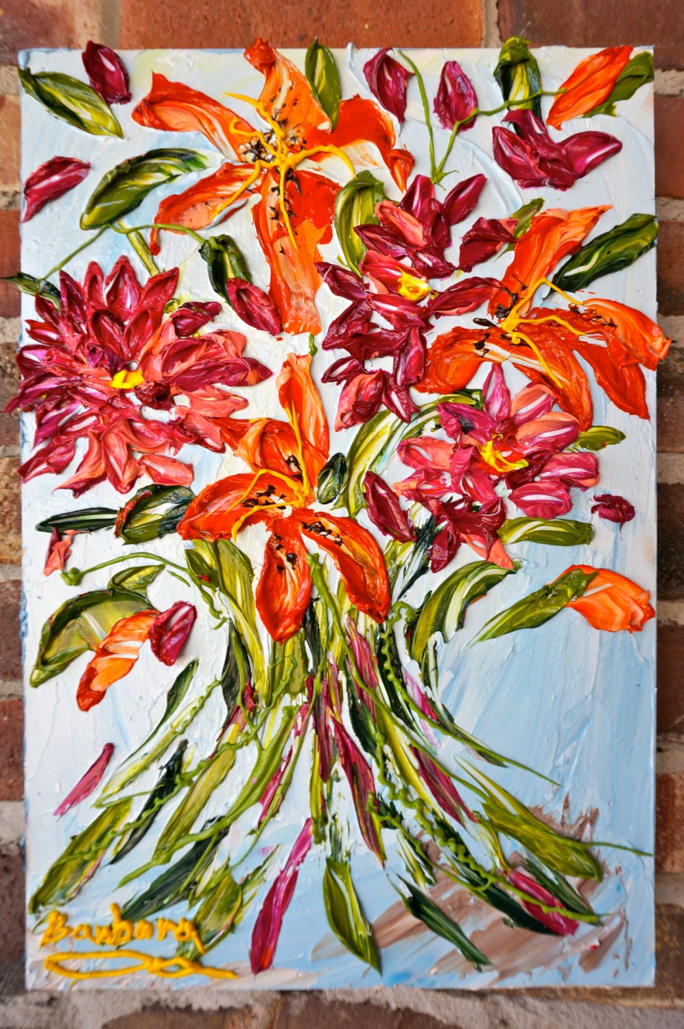 Spring Bouquet - Floral Impasto Painting of Lilies and Dahlias
