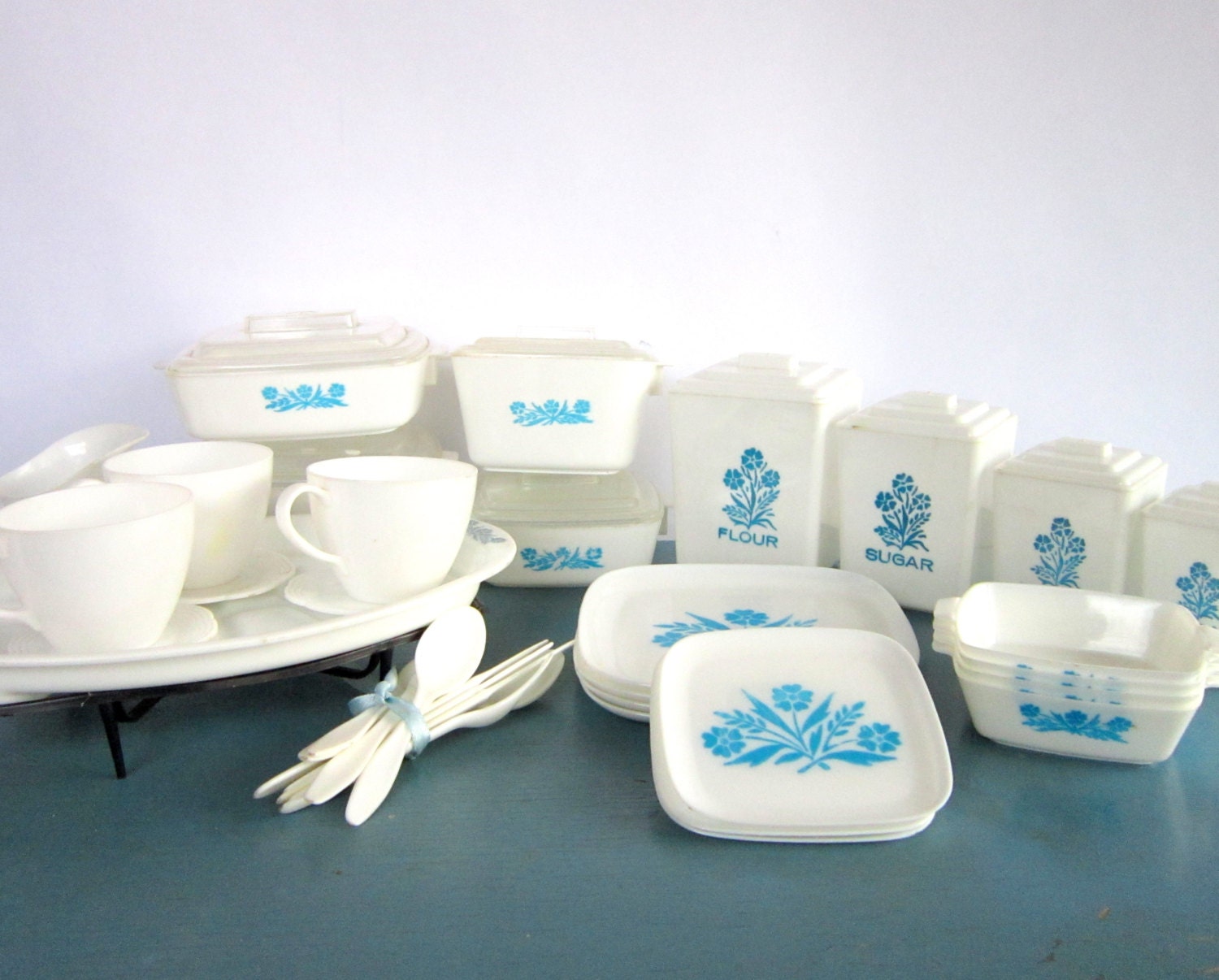 Vintage Plastic Corning Ware Play Dishes -Large Set- Corningware Blue Cornflower Flower Pretend Play