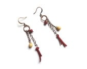 Antique copper chain earrings with glass pearls and ultra suede leather lace - bohemian jewelry - contemporary jewelry