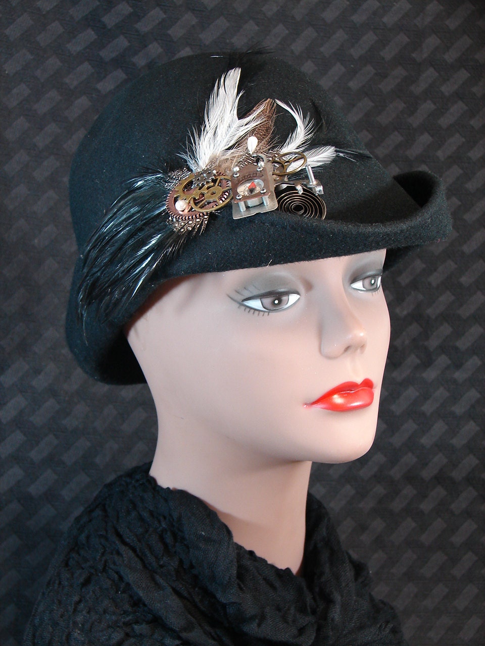 Vintage Black Wool Cloche Hat Steampunk Victorian Goth Gears