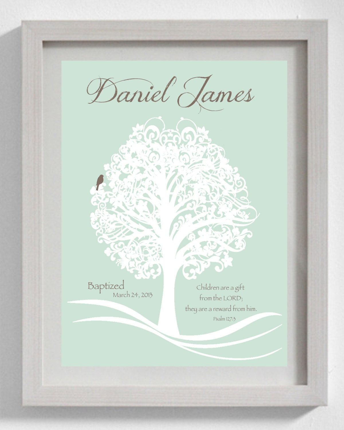 Christening Gift -Baptism Gift -Baby Boy Personalized Print -Bird Name Wall Art for Nursery - Colors and words can be customized