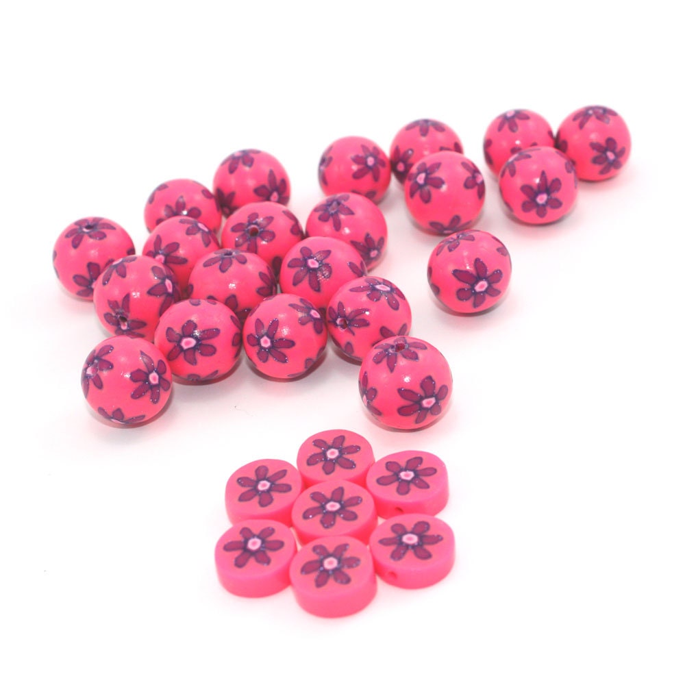 CLEARANCE SALE, polymer Clay round and flat beads, elegant beads in a variety of pink and purple,  unique flower beads, Set of 28
