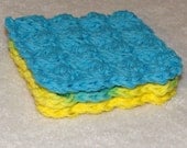 Crochet 4" Scrubbies - Coasters - Eco-friendly 100% Cotton - Set of 3 - Blue, Yellow, and blue/yellow/green, GO GREEN