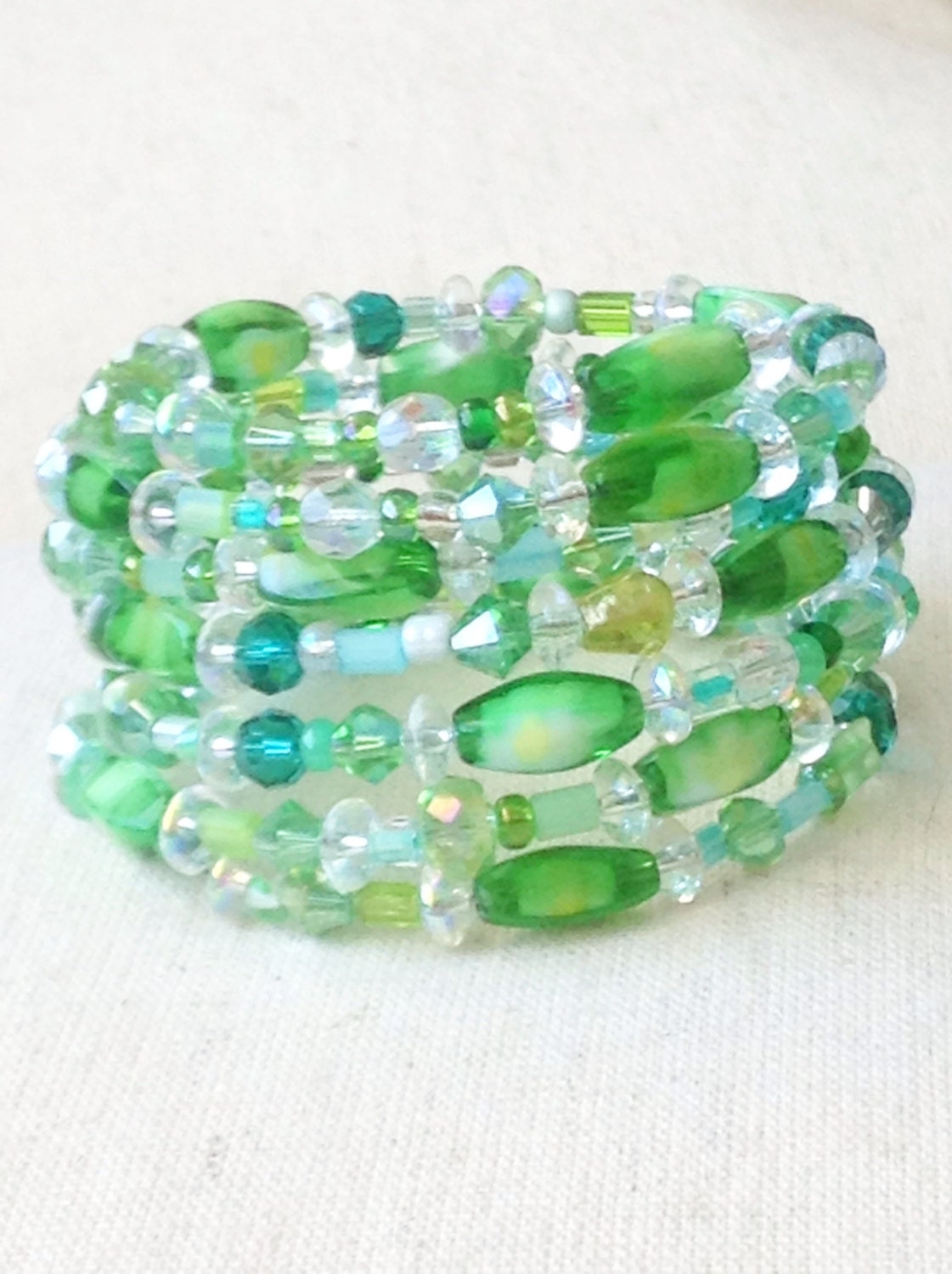Green Aqua Memory Wire Crystal Cut Beaded Bracelet