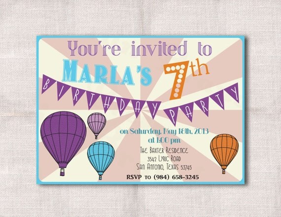 5x7 Hot Air Balloon Birthday Party Custom Printable Invitation