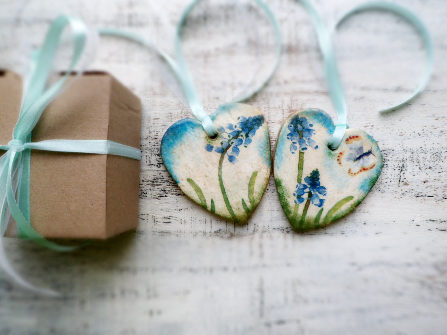 Set of 2 spring heart ornaments blue flowers green white home decor kitchen decor rustic shabby chic cottage chic