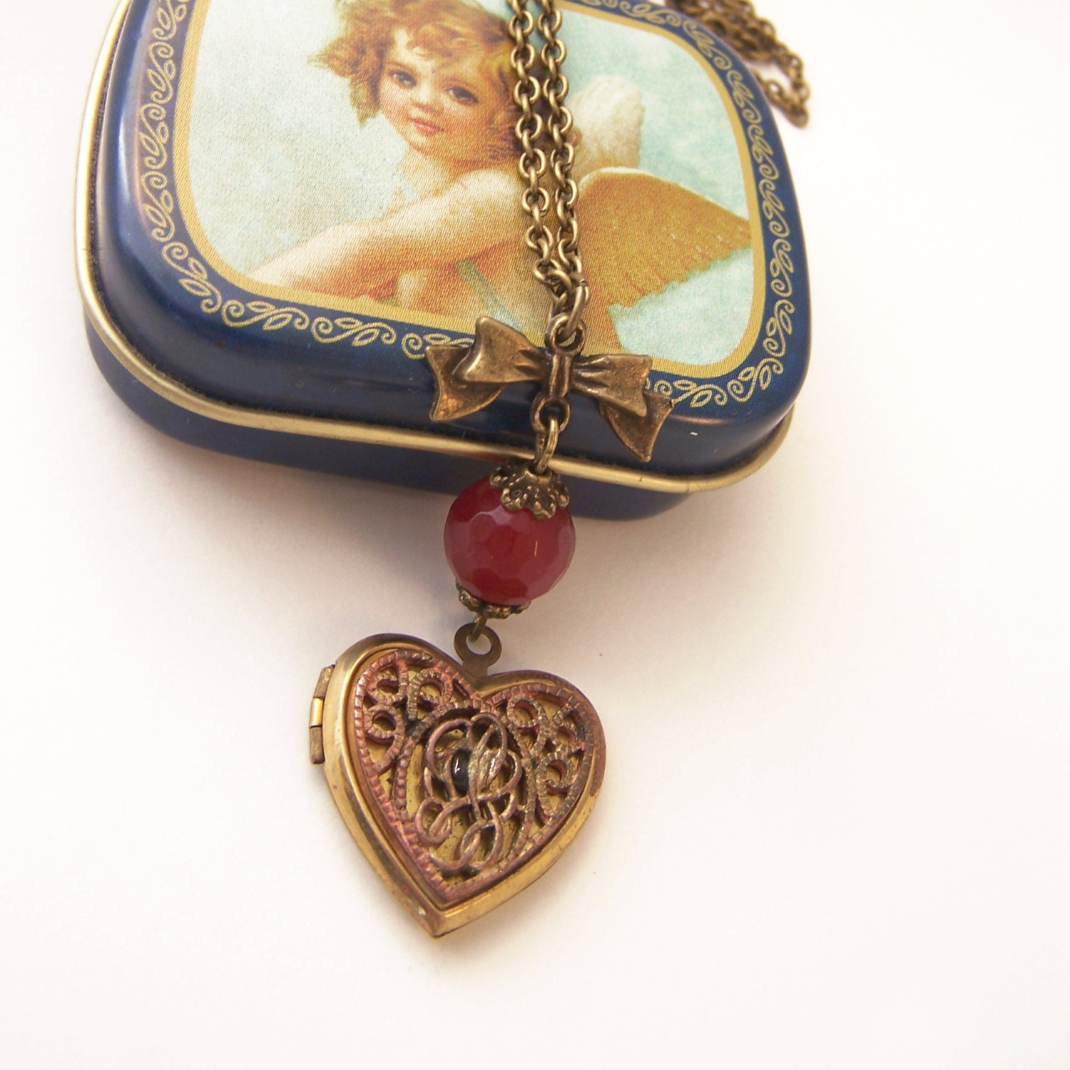 Heart Locket Necklace - Monogram necklace - Victorian Jewelry - Vintage necklace - Ruby or Aquamarine necklace