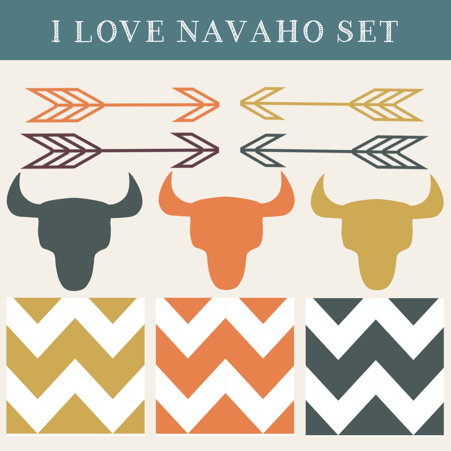 INSTANT DOWNLOAD // Navaho Digital Paper Set with Clip Art // Orange, Blue, Yellow // Commercial and Personal Use Il_170x135