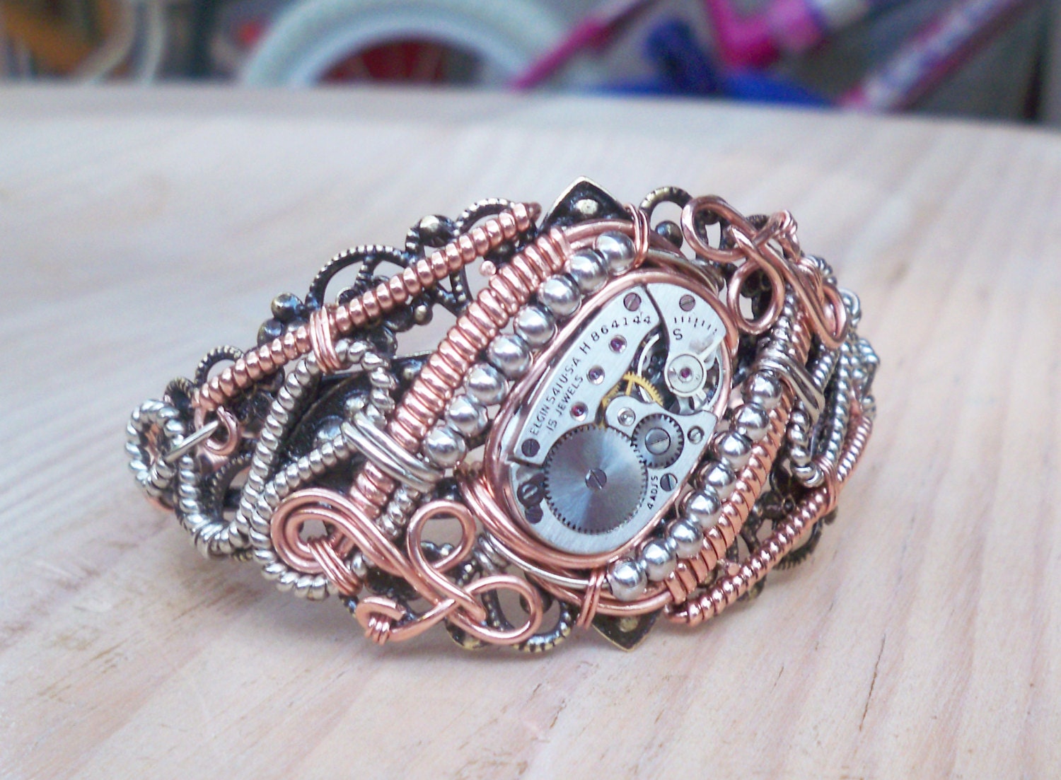 Steampunk Wire Wrap Copper and Antique Gold Tone Cuff Bracelet with Elgin watch movement No.36