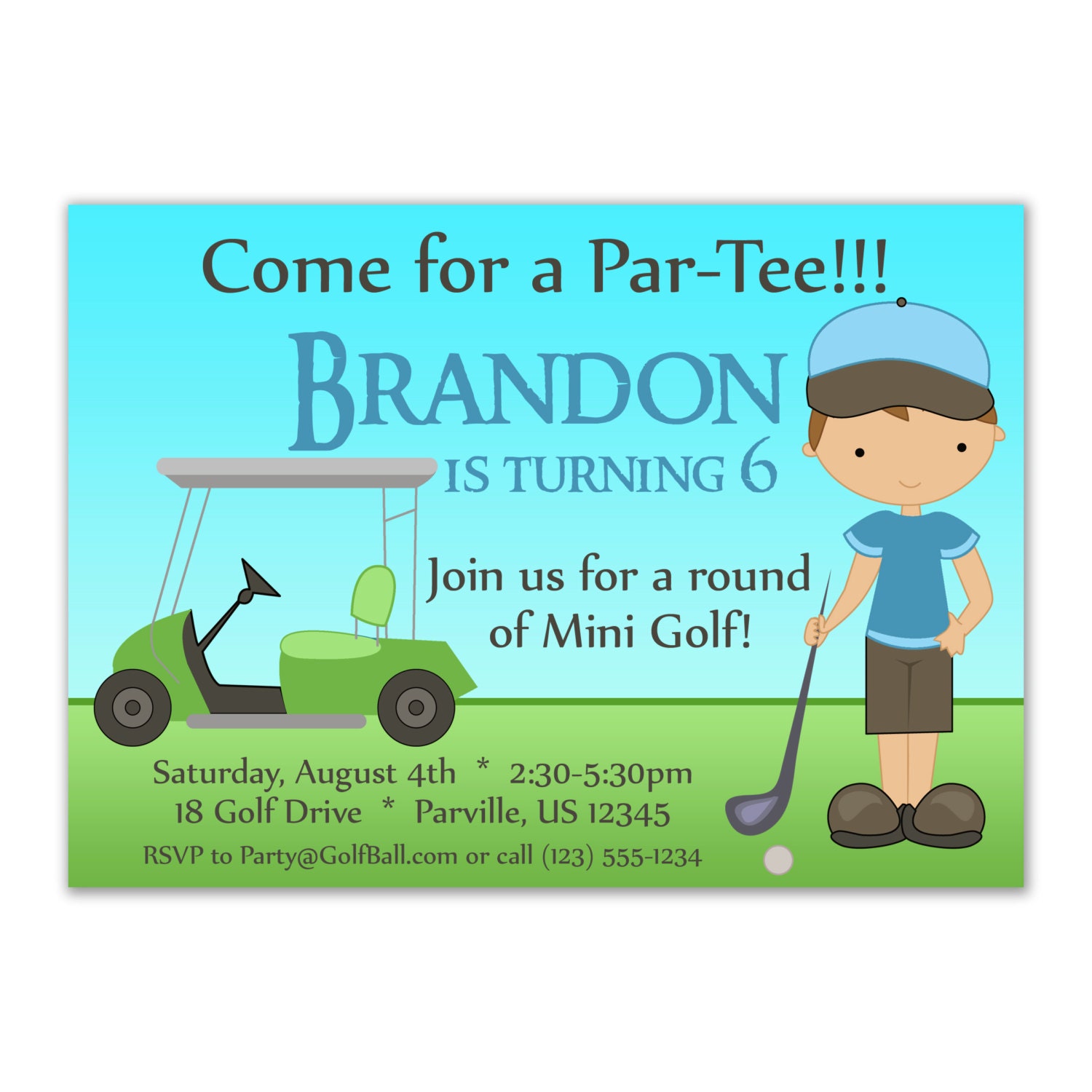 Golf Invitation - Cute Little Blue Boy Golfer and Lime Green Golf Cart Personalized Birthday Party Invite - a Digital Printable File