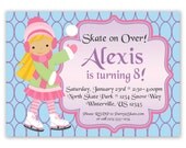 Ice Skating Invitation - Blue and Purple  with Cute Pink Girl Ice Skater Personalized Birthday Party Invite - a Digital Printable File
