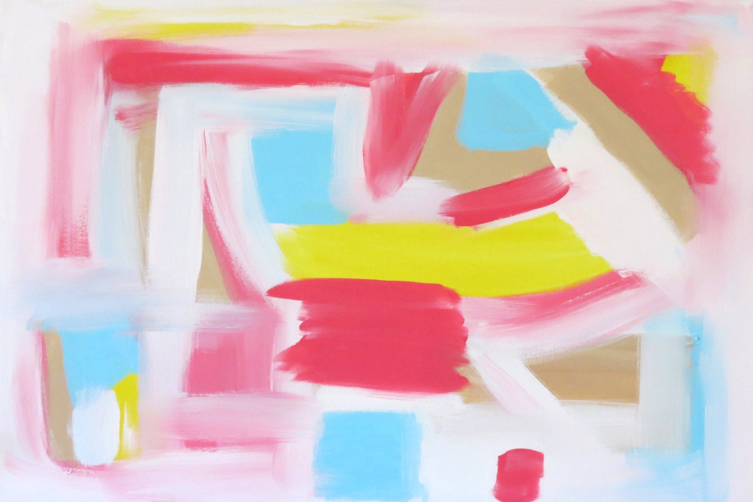 Art Original Abstract Painting "Delight" on Canvas with Pink, Coral, Yellow, Light Blue and Beige. Acrylic and Gouache.