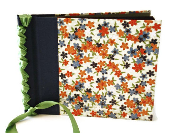 Medium Photo Album - Green Ribbon Bound Wedding Album  - Red White and Blue Floral with Navy Bookcloth & Black Textured Cardstock Pages