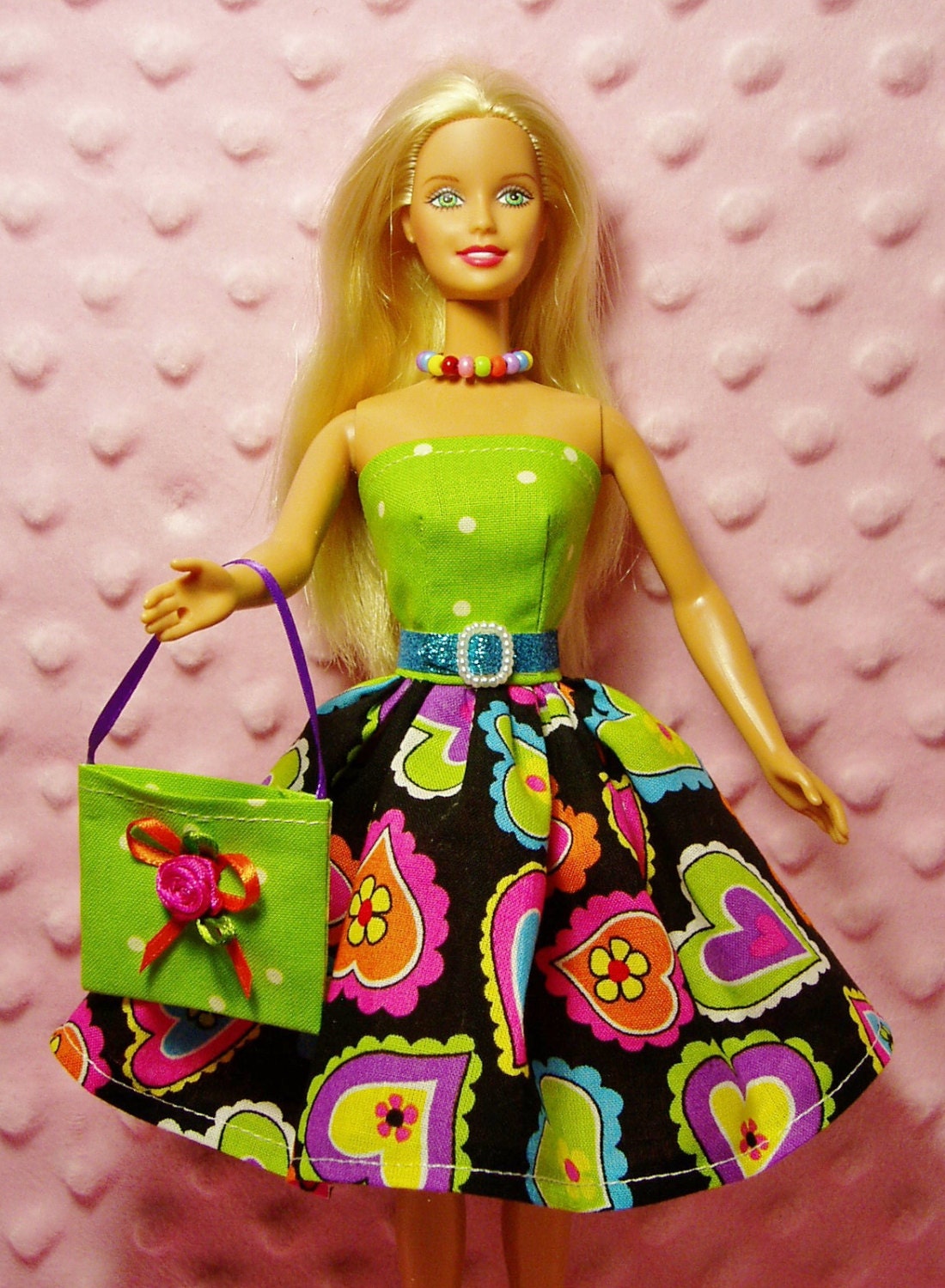 Barbie Clothes - Multi-Colored Hearts Dress, Purse, Necklace, Belt and High Heel Shoes