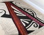 Hand Embroidered Monogram, Sewn Art Deco Print, Personalized Initial, Upcycled Dictionary Page Vintage Book Art, Bright Hand Stitched Stripe