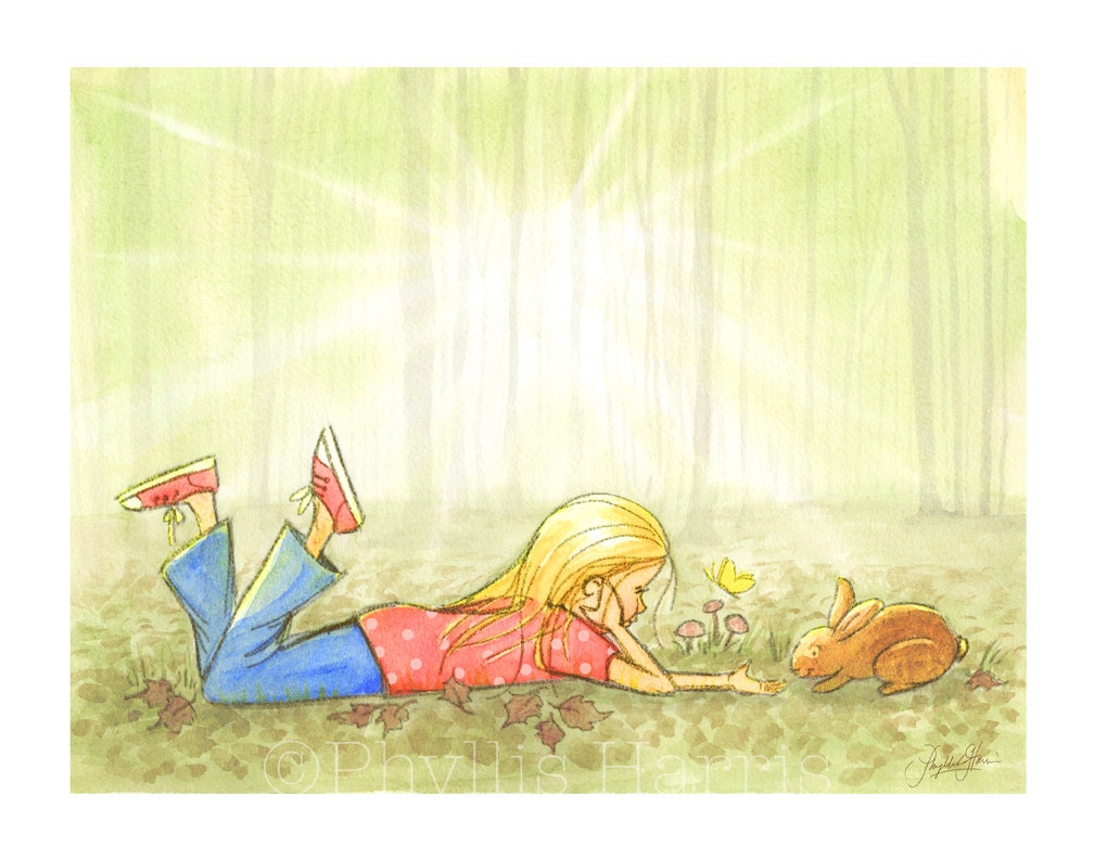 Children's Wall Art Illustration - Little girl in the woods - Offered with or without text -  Expect Miracles