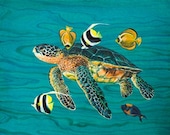 Sea Turtle with Fish Original Art Print  24x36"