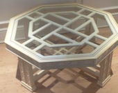 Vintage Chinese Chippendale fret work Fretwork Chinoiserie Hollywood Regency Coffee Table Asian Glass Mid Century Modern Palm Beach Octagon