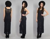 Vtg 90s Charcoal Embellished Crochet  Mesh Maxi Dress S-M